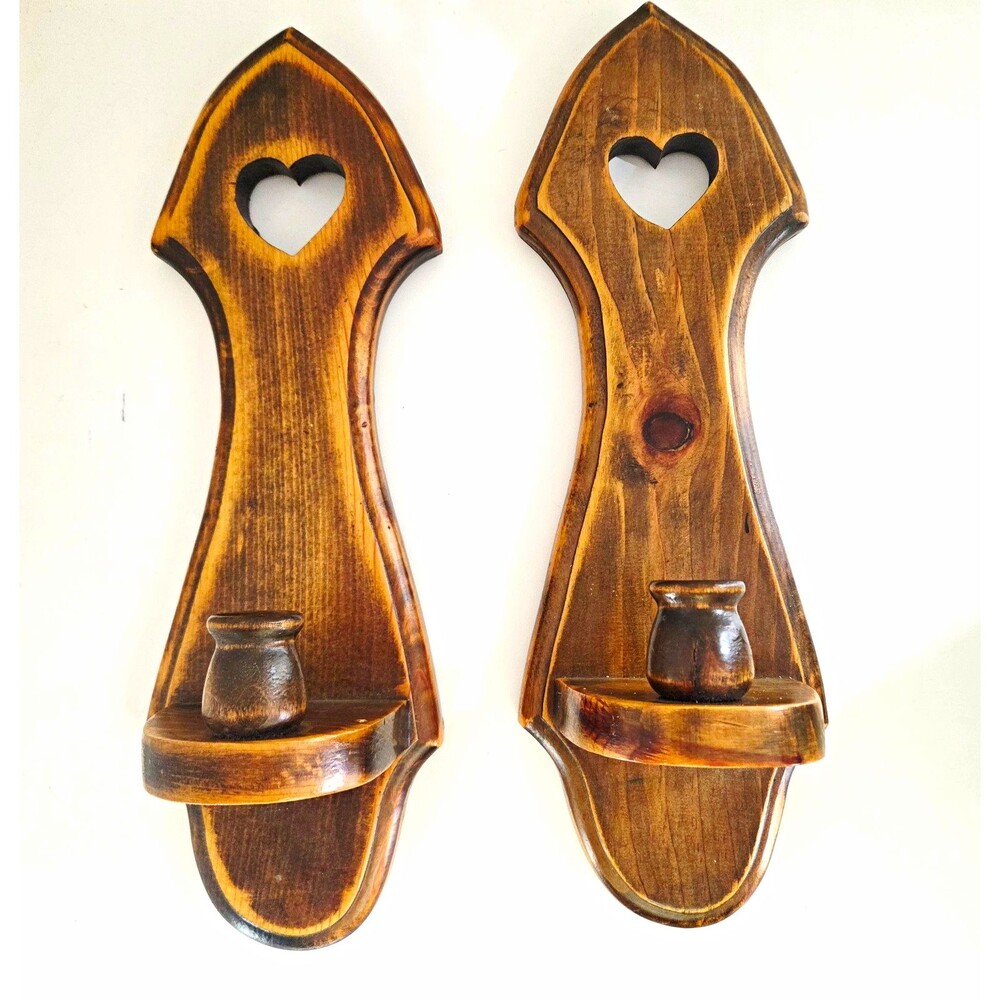 VTG Rustic Brown Wood Wall Mounted Candle Sconce Set Heart Cutout Votive